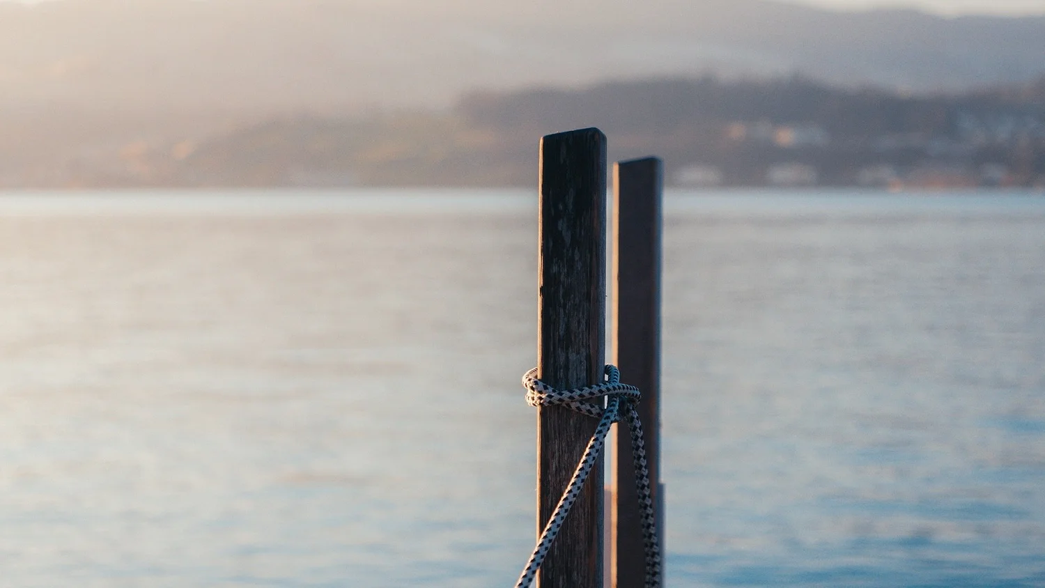 Rope tied around wooden mooring posts at the water's edge